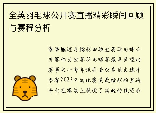 全英羽毛球公开赛直播精彩瞬间回顾与赛程分析