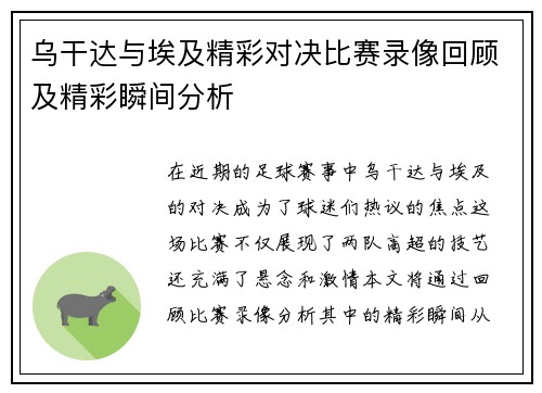 乌干达与埃及精彩对决比赛录像回顾及精彩瞬间分析